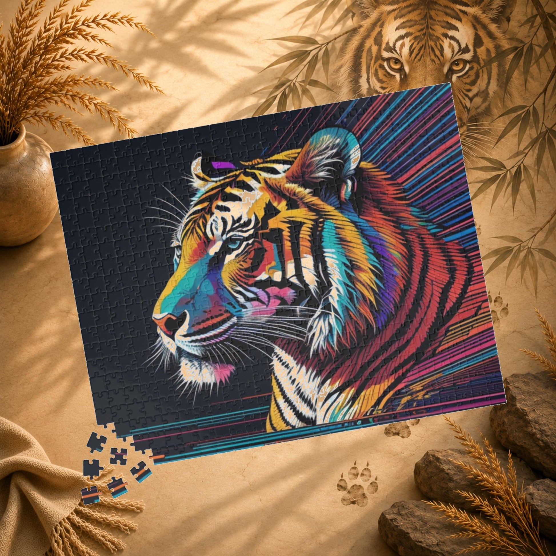 Colorful tiger puzzle with a missing piece on a white background