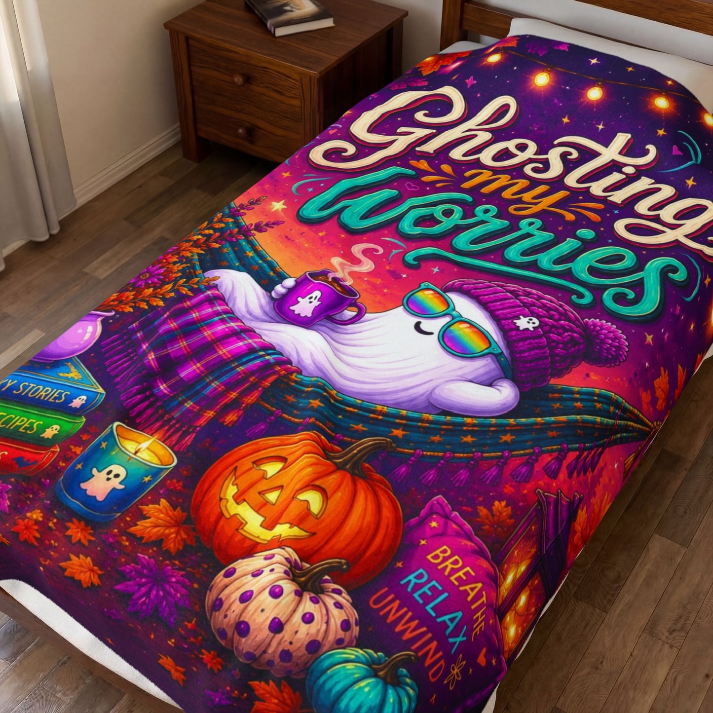 Ghosting My Worries Velveteen Blanket - Cozy Ghost in Hammock with Spooky Stories and Breathe Relax Unwind
