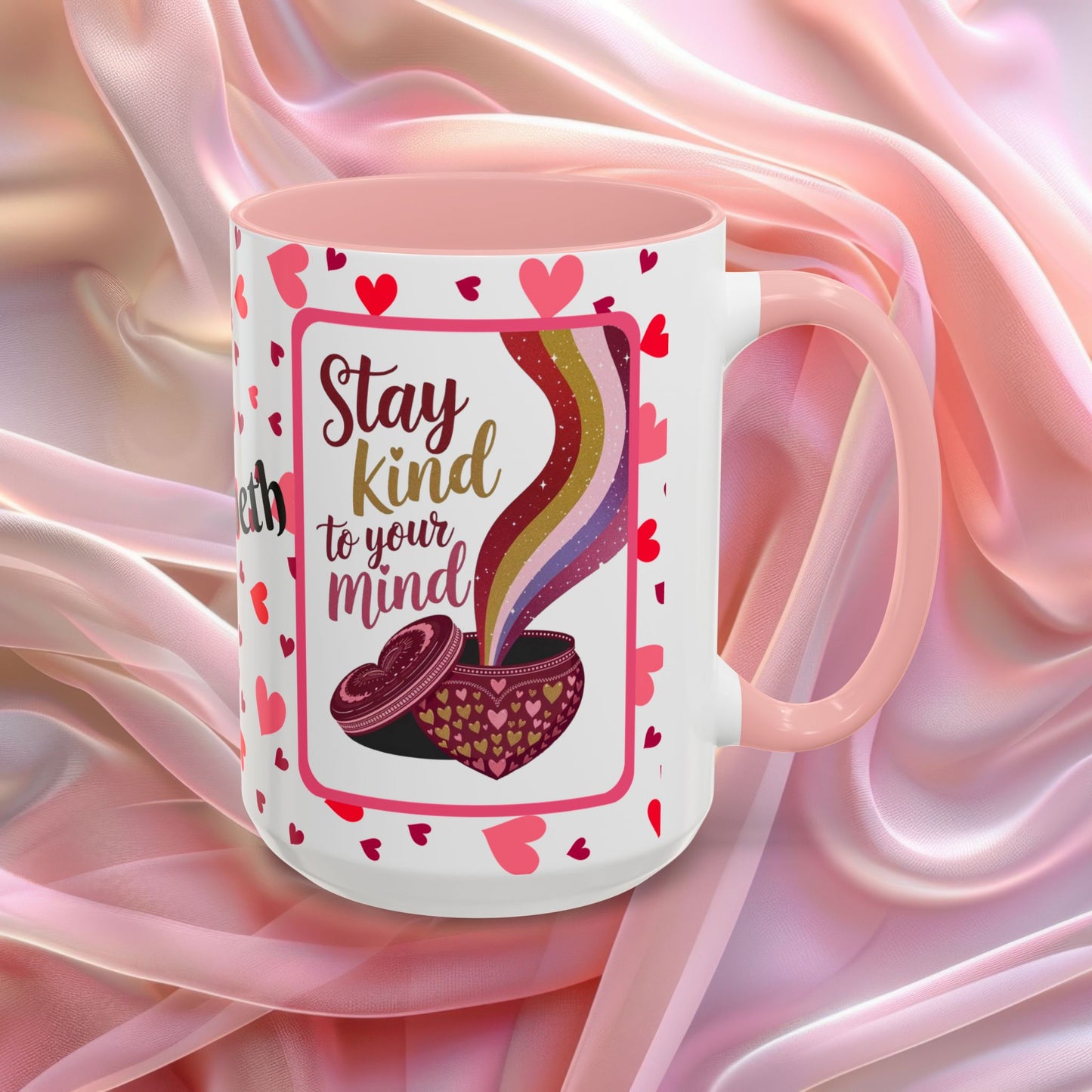 Stay Kind To Your Mind Valentines mug promoting mindfulness and balance, Valentine themed coffee cup