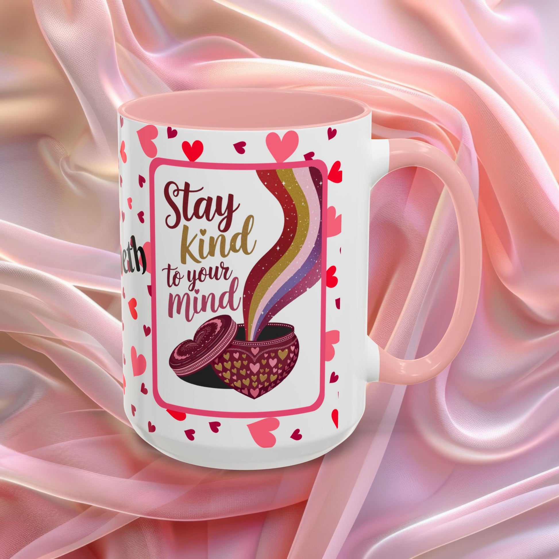Stay Kind To Your Mind Valentines mug promoting mindfulness and balance, Valentine themed coffee cup