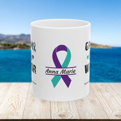 Grandma of a Warrior - Personalized Suicide Prevention Awareness Gift, Empowerment and Resilience Ceramic Mug, Support for Survivors