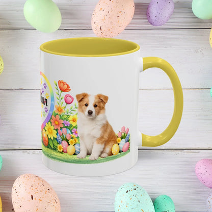 Shop our border collie gold puppy easter mug featuring the 15oz style option from MySisterIsASurvivor.