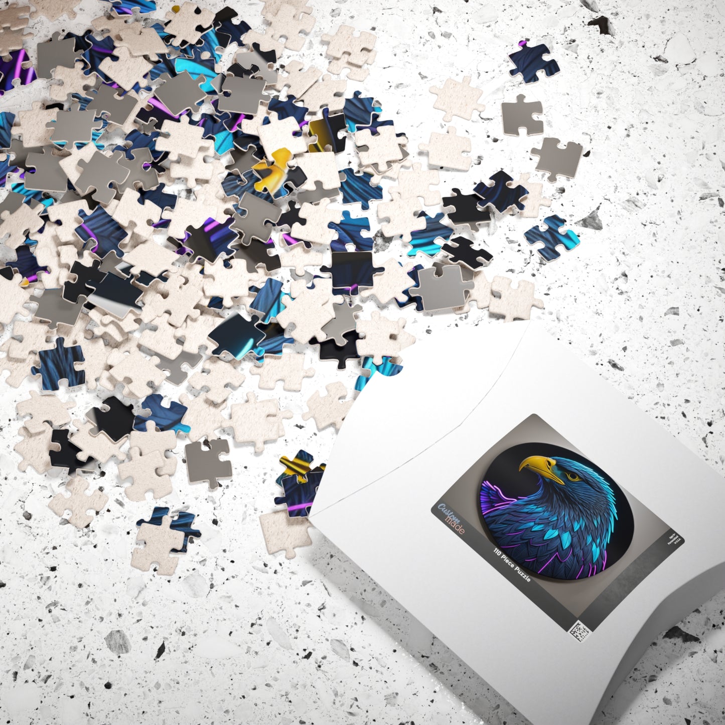 Eagle Vision Triumph - Neon Bald Eagle Portrait Puzzle with Teal and Purple Feathers on Dark Background