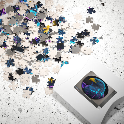 Eagle Vision Triumph - Neon Bald Eagle Portrait Puzzle with Teal and Purple Feathers on Dark Background