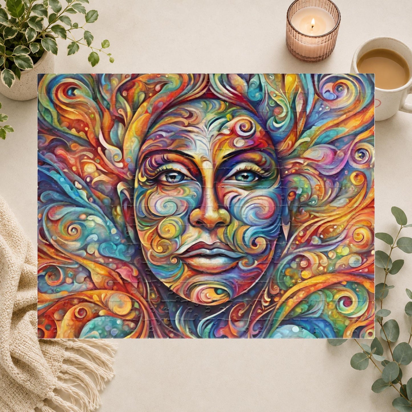 Therapeutic Canvas - Psychedelic Face-as-Canvas Puzzle with Swirling Spirals in Teal, Orange, and Purple