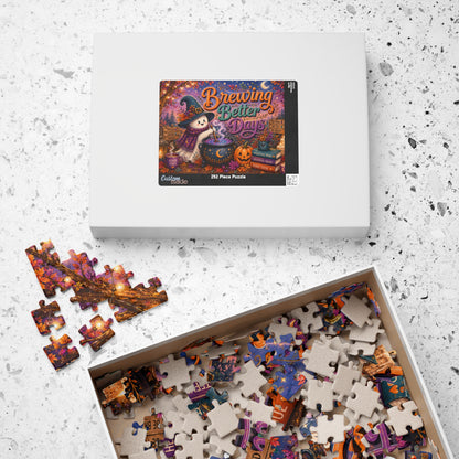 Brewing Better Days Halloween Puzzle - Ghost Stirring Cauldron with Good Vibes Mug and Affirmation Books