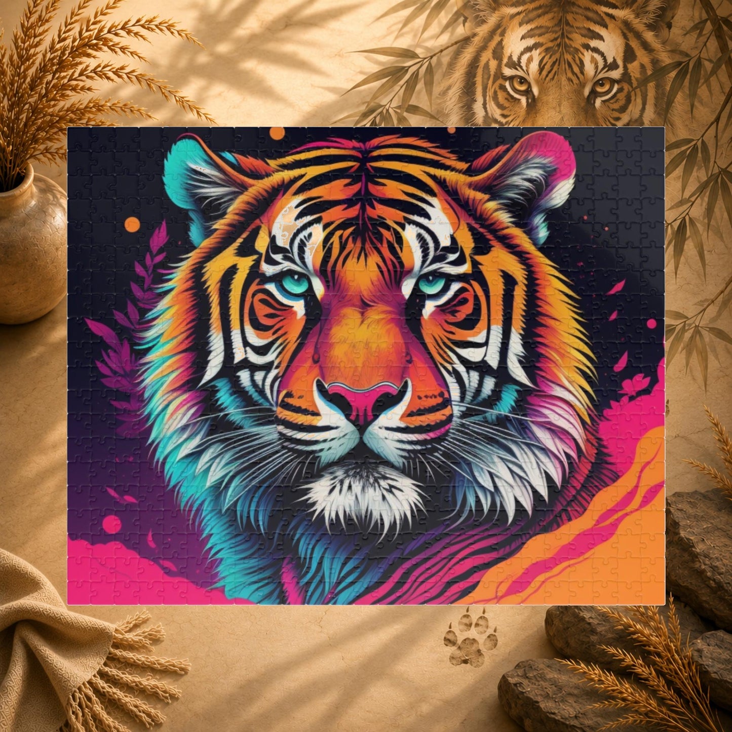 Roar to Renewal - Close-Up Neon Tiger Puzzle with Teal Eyes and Magenta Splatter Art