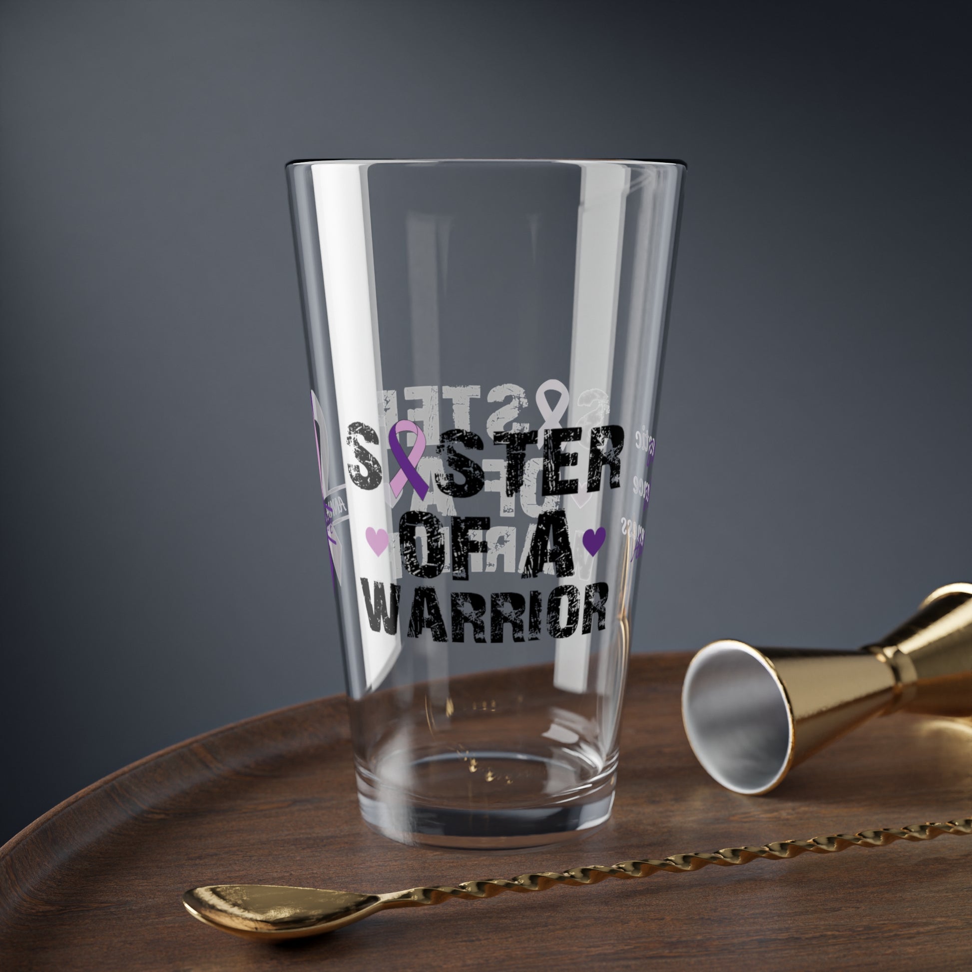 Sister of a Warrior: Personalized Domestic Violence Awareness Warrior Pint Glass - Proud Family Member