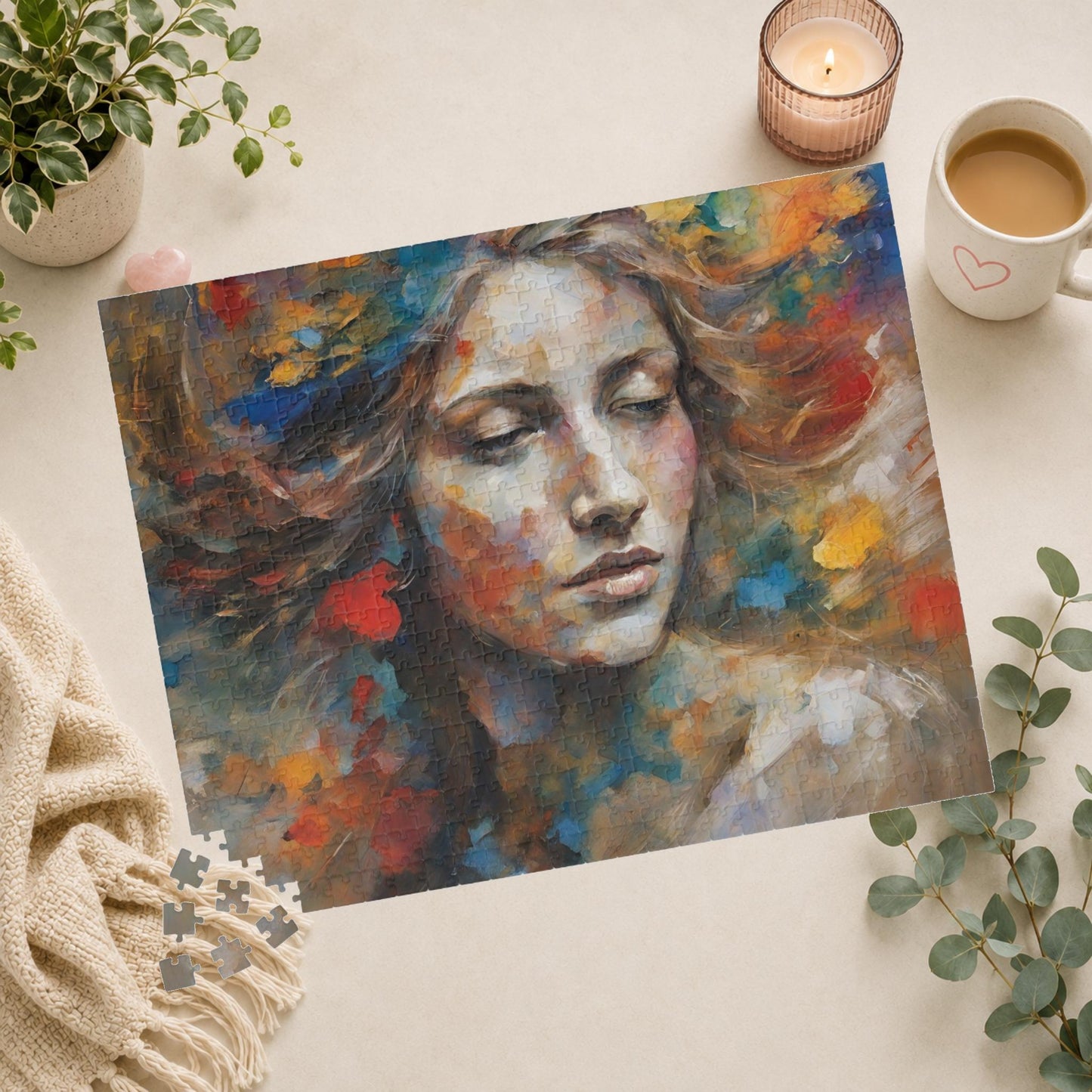 Express Emotions - Impressionist Woman's Portrait Puzzle with Colorful Paint Blooms in Flowing Hair