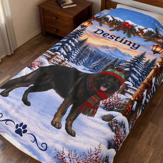 German Shepherd (Dark Sable) - Personalized Winter Lodge Blanket, Custom Name Velveteen Throw - MySisterIsAsurvor