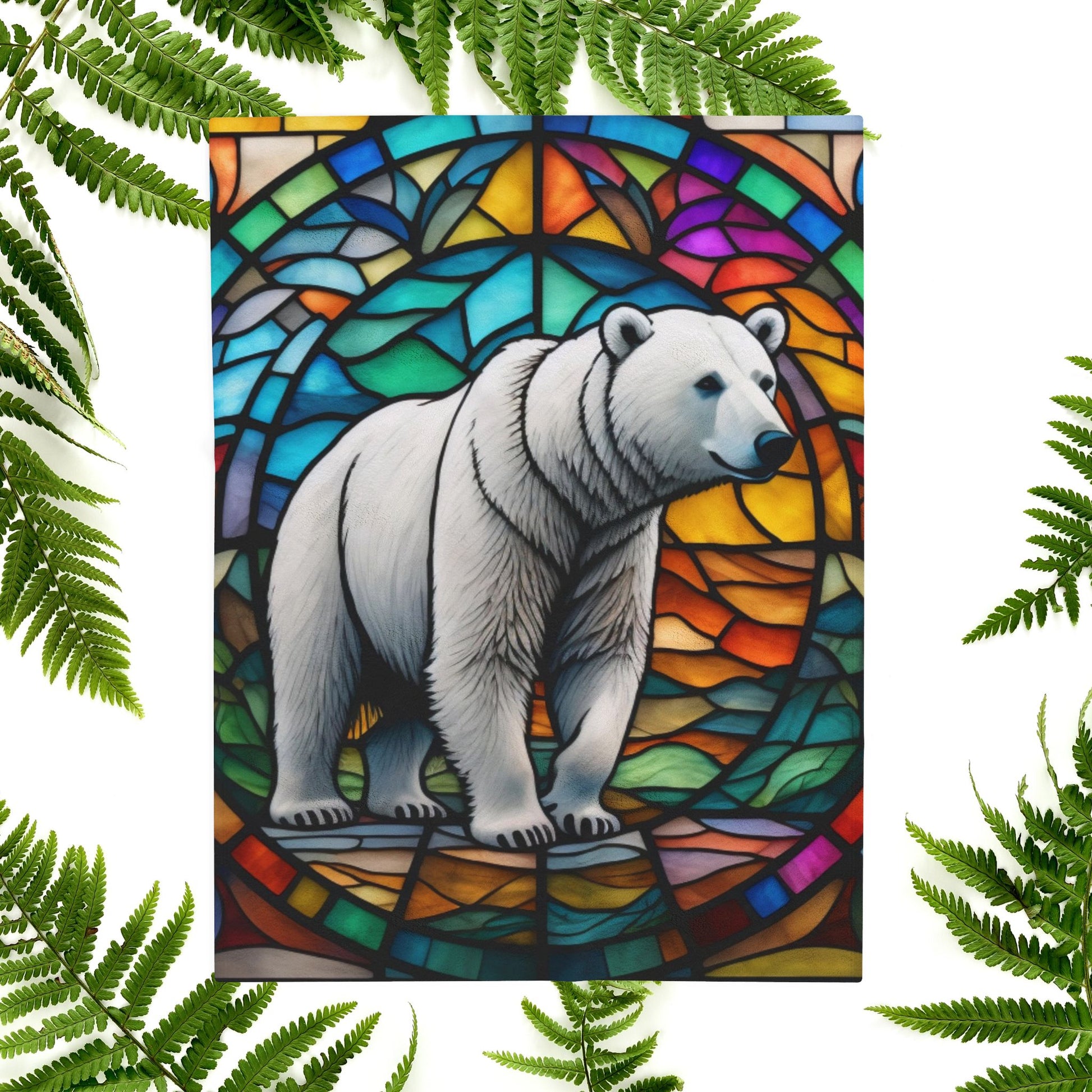 A polar bear blanket in stained glass style that brings arctic charm and peaceful coziness.