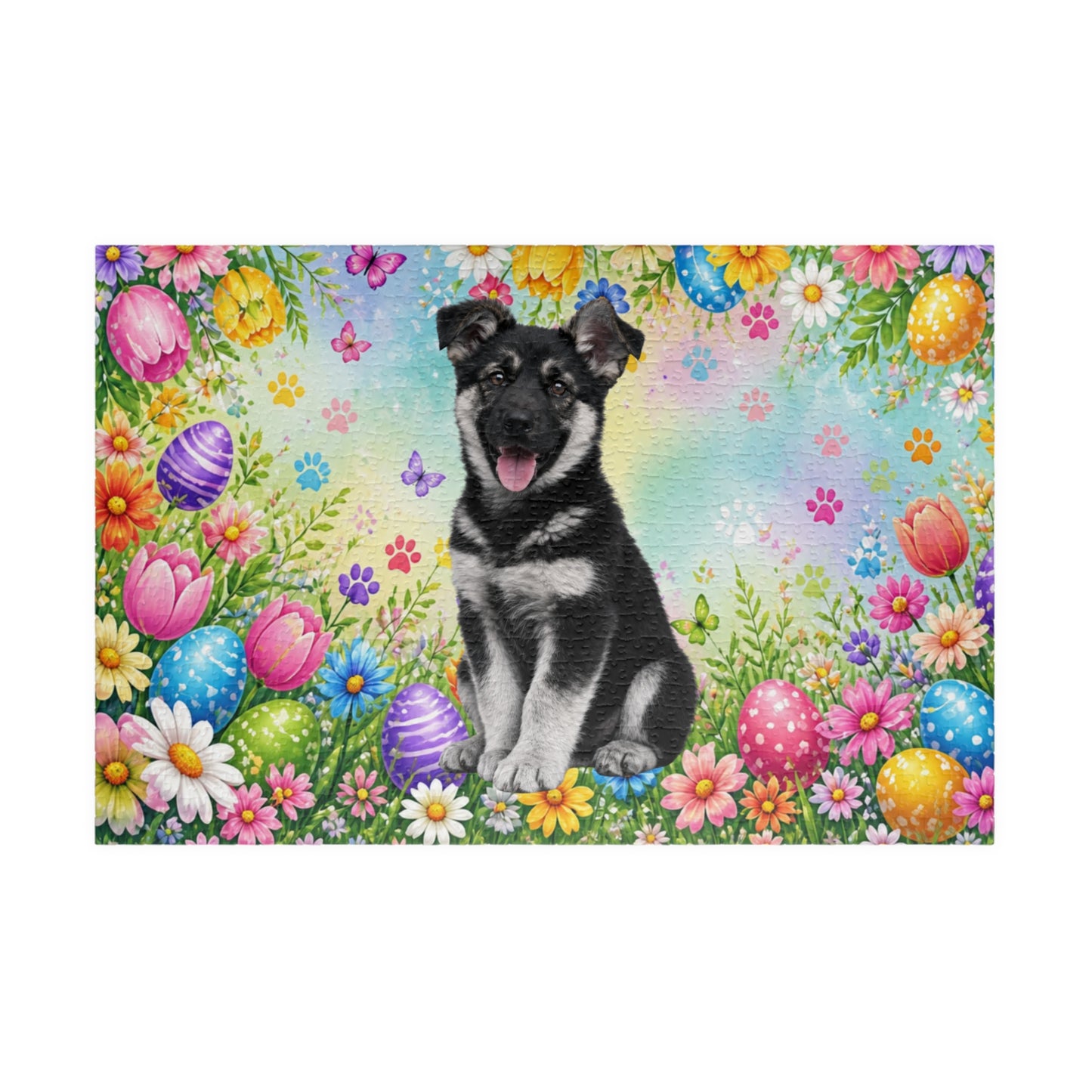 German Shepherd (Black & Silver) Easter Puppy Puzzle - Flowers, Eggs, and Spring Fun