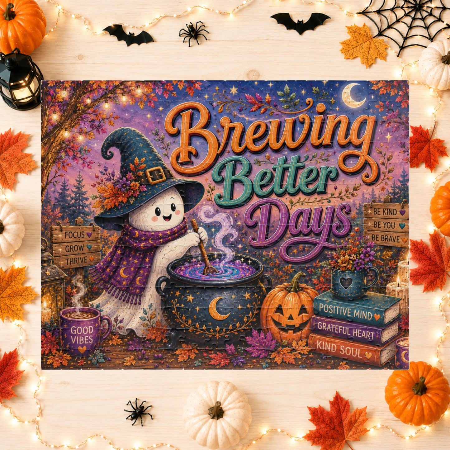 Brewing Better Days Halloween Puzzle - Ghost Stirring Cauldron with Good Vibes Mug and Affirmation Books