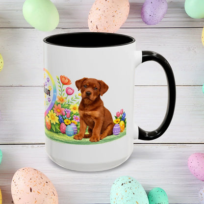 Shop our rottweiler red puppy easter mug featuring the 15oz style option from MySisterIsASurvivor.