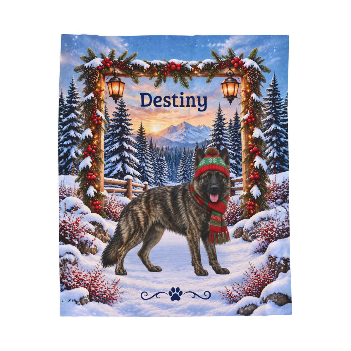 German Shepherd (Brindle Coat) - Personalized Snowy Mountain Blanket, Custom Name Velveteen Throw - MySisterIsAsurvor