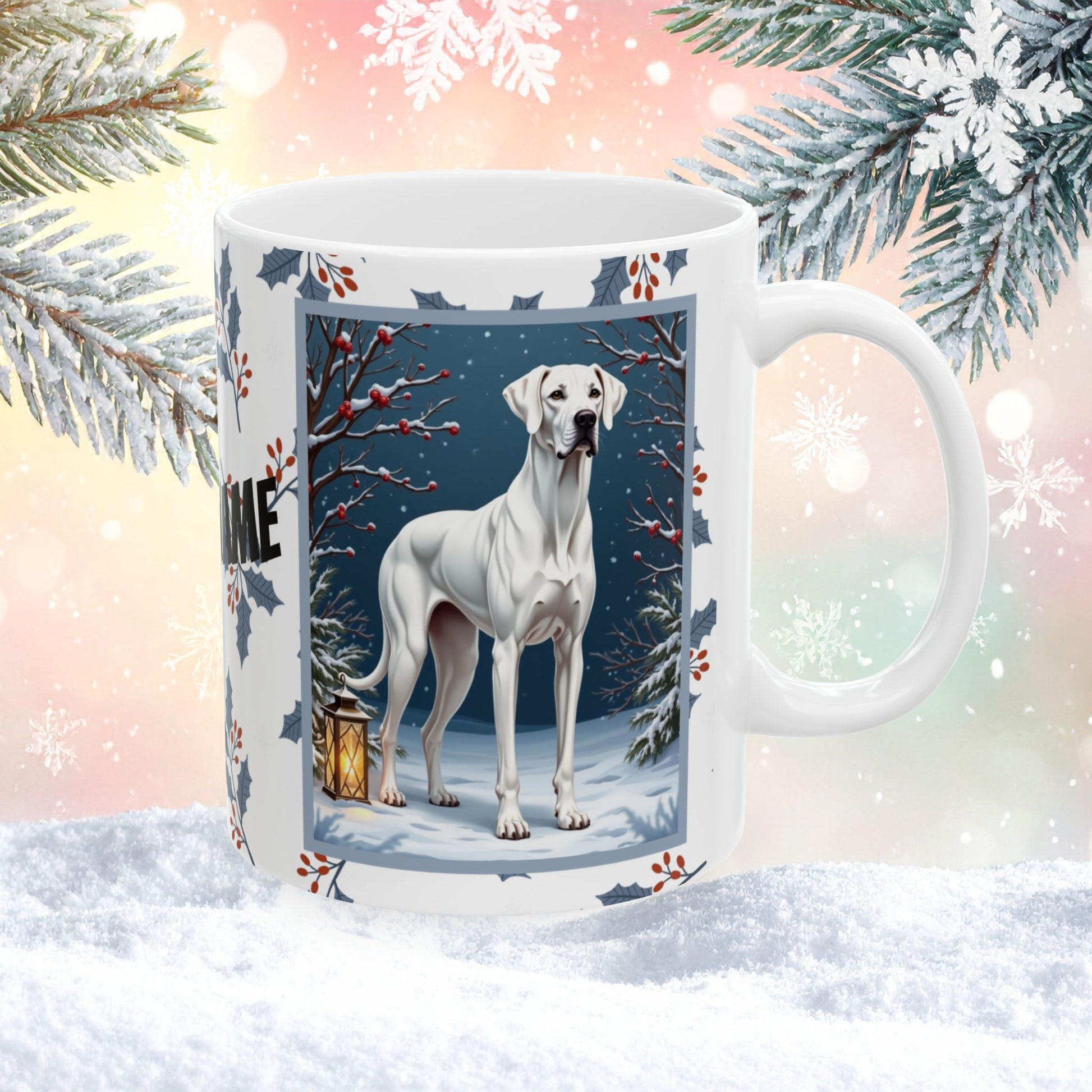 Great Dane (White) Winter Mug - white Great Dane illustrated standing in a bright winter setting with snow-covered ground
