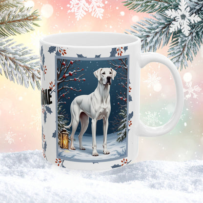 Great Dane (White) Winter Mug - white Great Dane illustrated standing in a bright winter setting with snow-covered ground