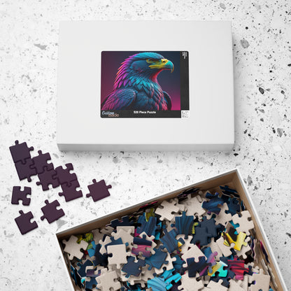 Eagle's Fortitude - Neon Eagle Portrait Puzzle with Teal and Pink-Purple Feathers on Dark Gradient