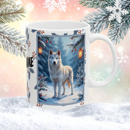 Husky (Silver) Winter Mug - silver husky artwork standing in a bright winter setting with soft snow details
