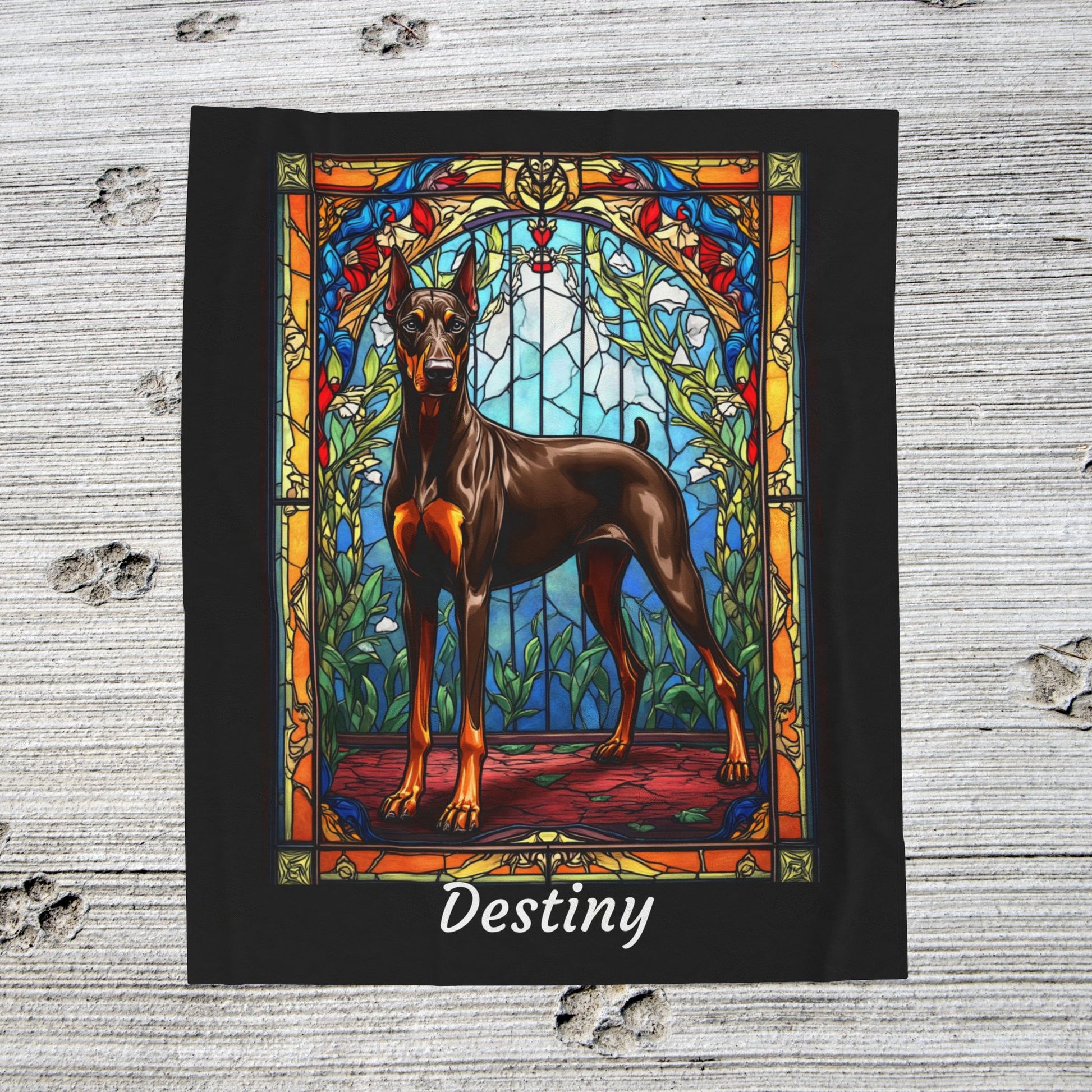 Doberman red and rust velveteen blanket, stained glass dog throw, personalized pet lover gift - MySisterIsASurvivor