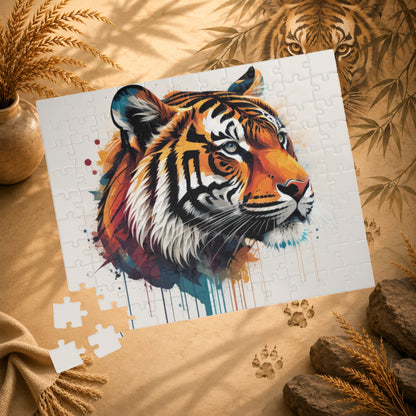 The Tiger Within - Vivid Tiger Portrait Puzzle with Multicolor Paint Splatters on White