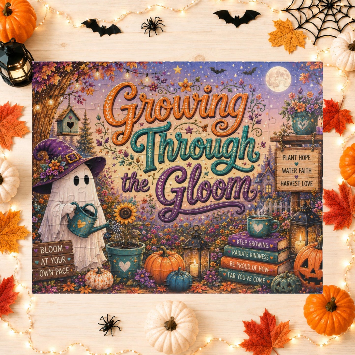 Growing Through the Gloom Halloween Puzzle - Ghost Watering Heart Plant with Bloom at Your Own Pace Sign