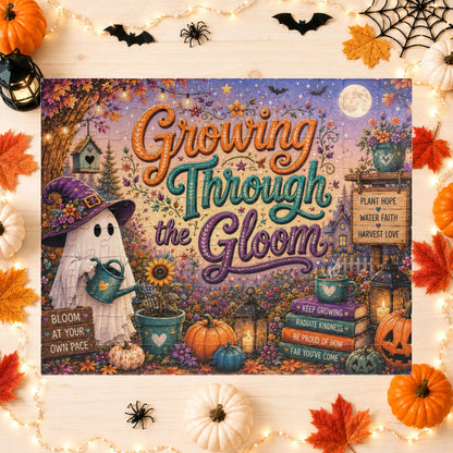 Growing Through the Gloom Halloween Puzzle - Ghost Watering Heart Plant with Bloom at Your Own Pace Sign