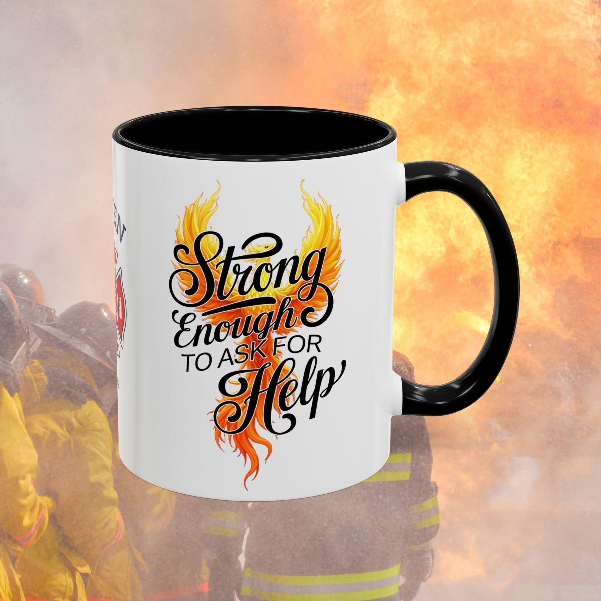 Strong Enough To Ask For Help firefighter support mug, personalized gift promoting mental health and resilience