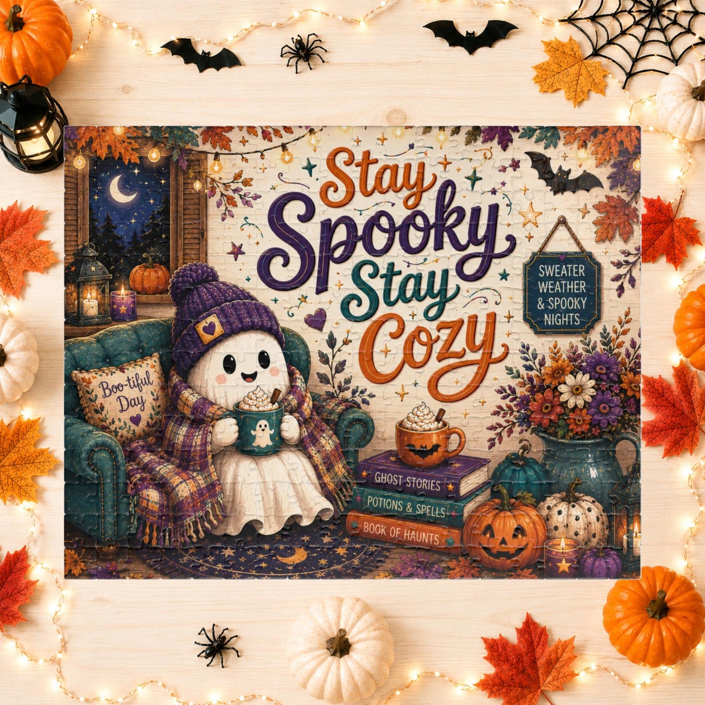 Stay Spooky Stay Cozy Halloween Puzzle - Ghost in Armchair with Boo-tiful Day Pillow and Ghost Stories Books