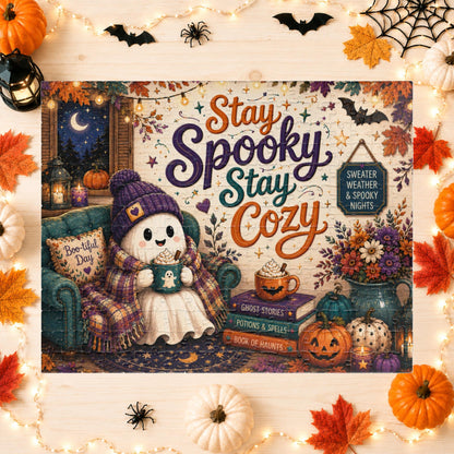 Stay Spooky Stay Cozy Halloween Puzzle - Ghost in Armchair with Boo-tiful Day Pillow and Ghost Stories Books