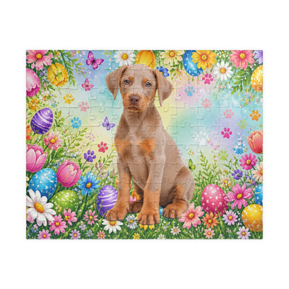 Doberman (Fawn/Isabella & Rust) Easter Puppy Puzzle - Spring Garden with Eggs, Tulips, and Daisies