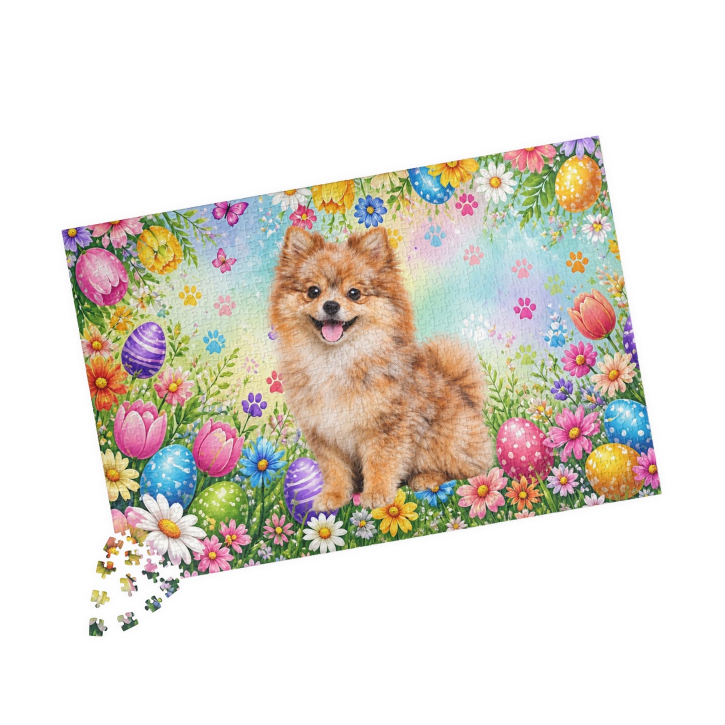 Pomeranian (Orange Merle) Easter Puppy Puzzle - Spring Garden with Eggs, Tulips, and Daisies