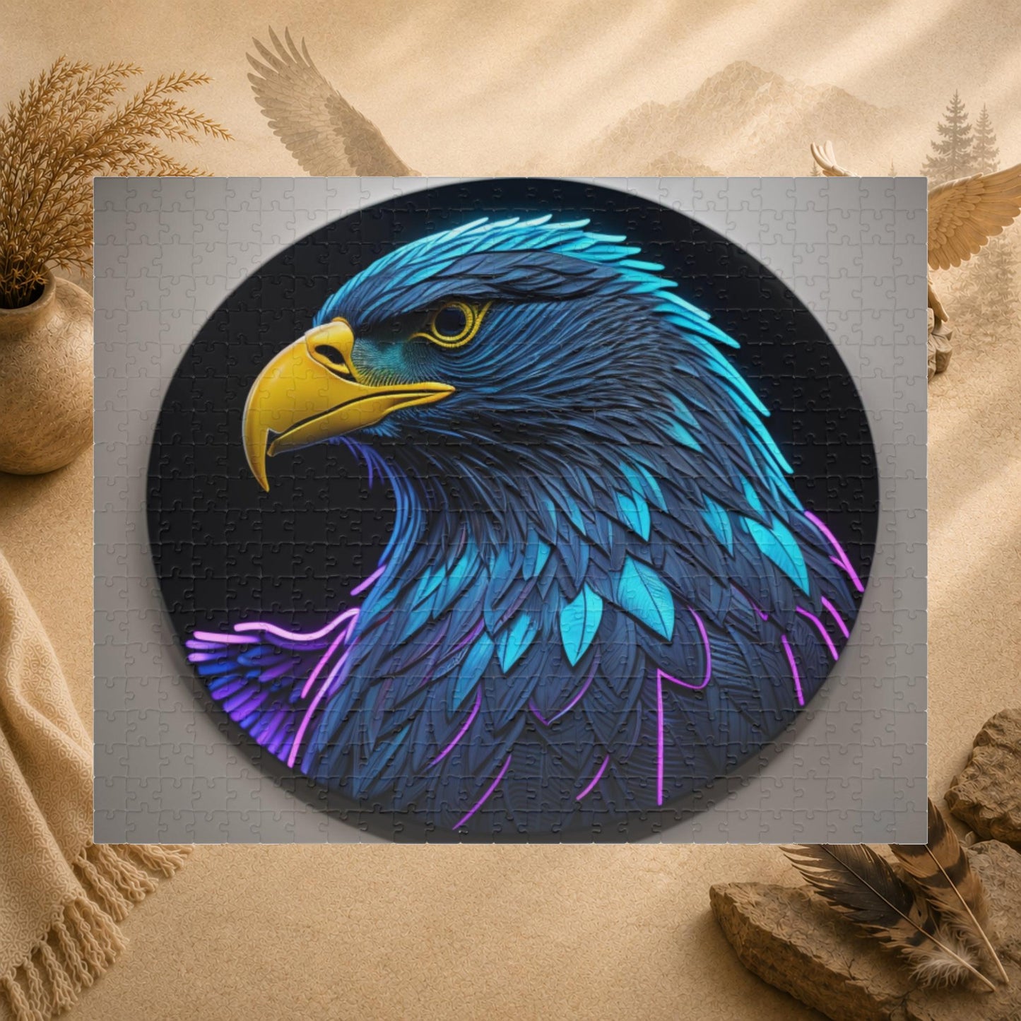 Eagle Vision Triumph - Neon Bald Eagle Portrait Puzzle with Teal and Purple Feathers on Dark Background