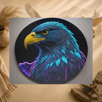 Eagle Vision Triumph - Neon Bald Eagle Portrait Puzzle with Teal and Purple Feathers on Dark Background
