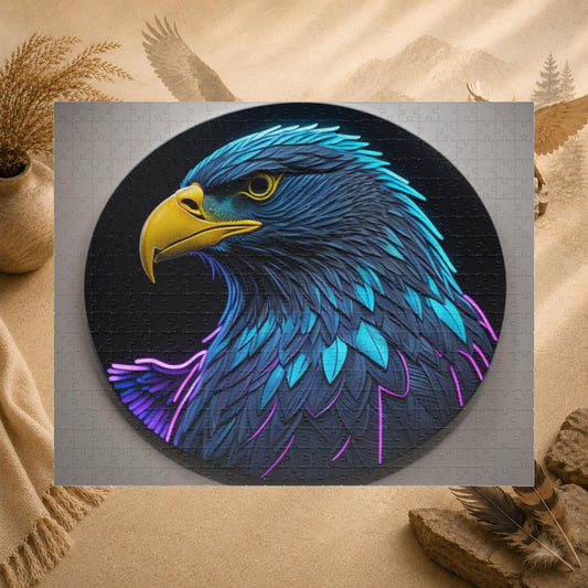 Eagle Vision Triumph - Neon Bald Eagle Portrait Puzzle with Teal and Purple Feathers on Dark Background