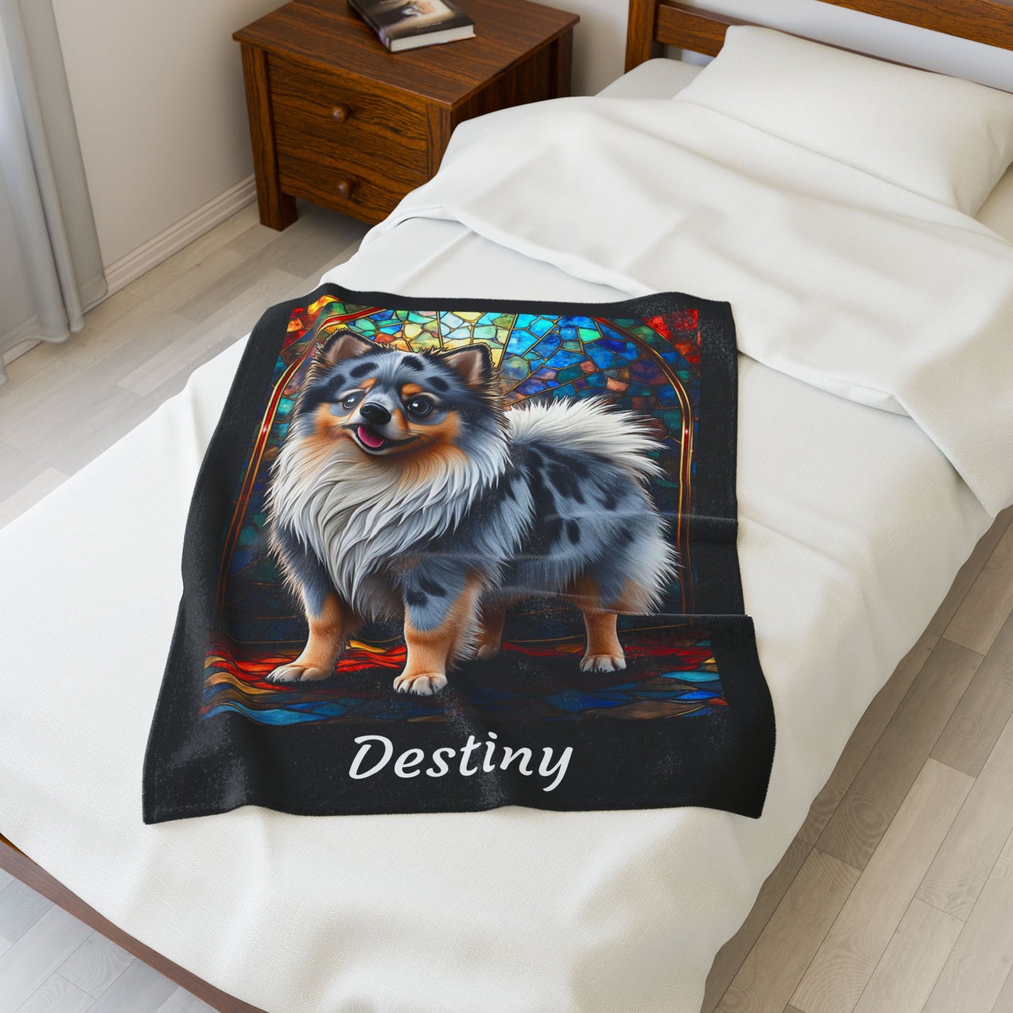Pomeranian Blue Merle Coat Blanket, Velveteen Plush Stained Glass Dog Throw, Unique Pet Lover Gift