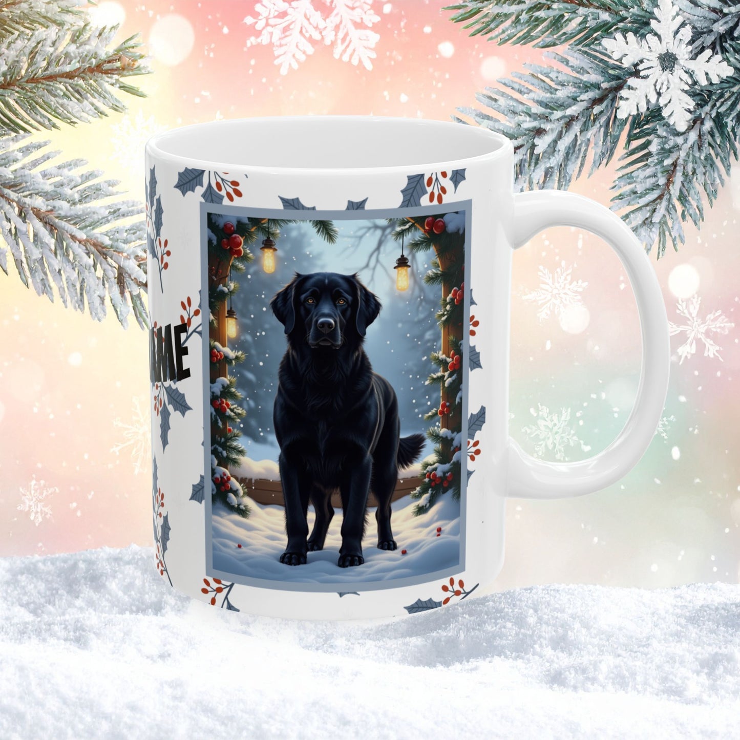 Golden Retriever (Black) Winter Mug - black Golden Retriever illustrated standing in a winter setting with snowy pine branches