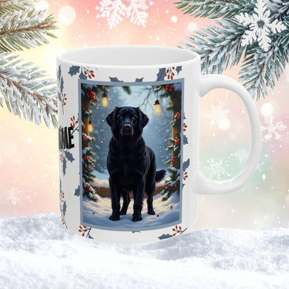 Golden Retriever (Black) Winter Mug - black Golden Retriever illustrated standing in a winter setting with snowy pine branches