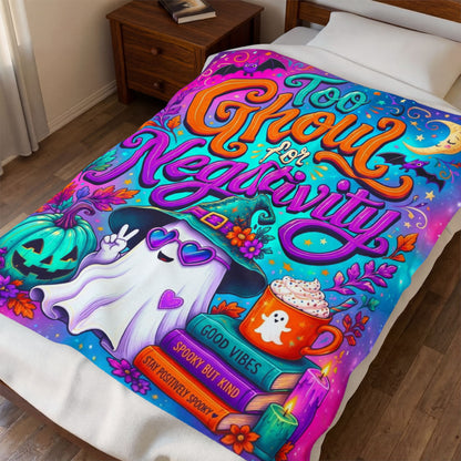 Too Ghoul for Negativity Velveteen Blanket - Ghost with Peace Sign and Good Vibes Spooky But Kind Books