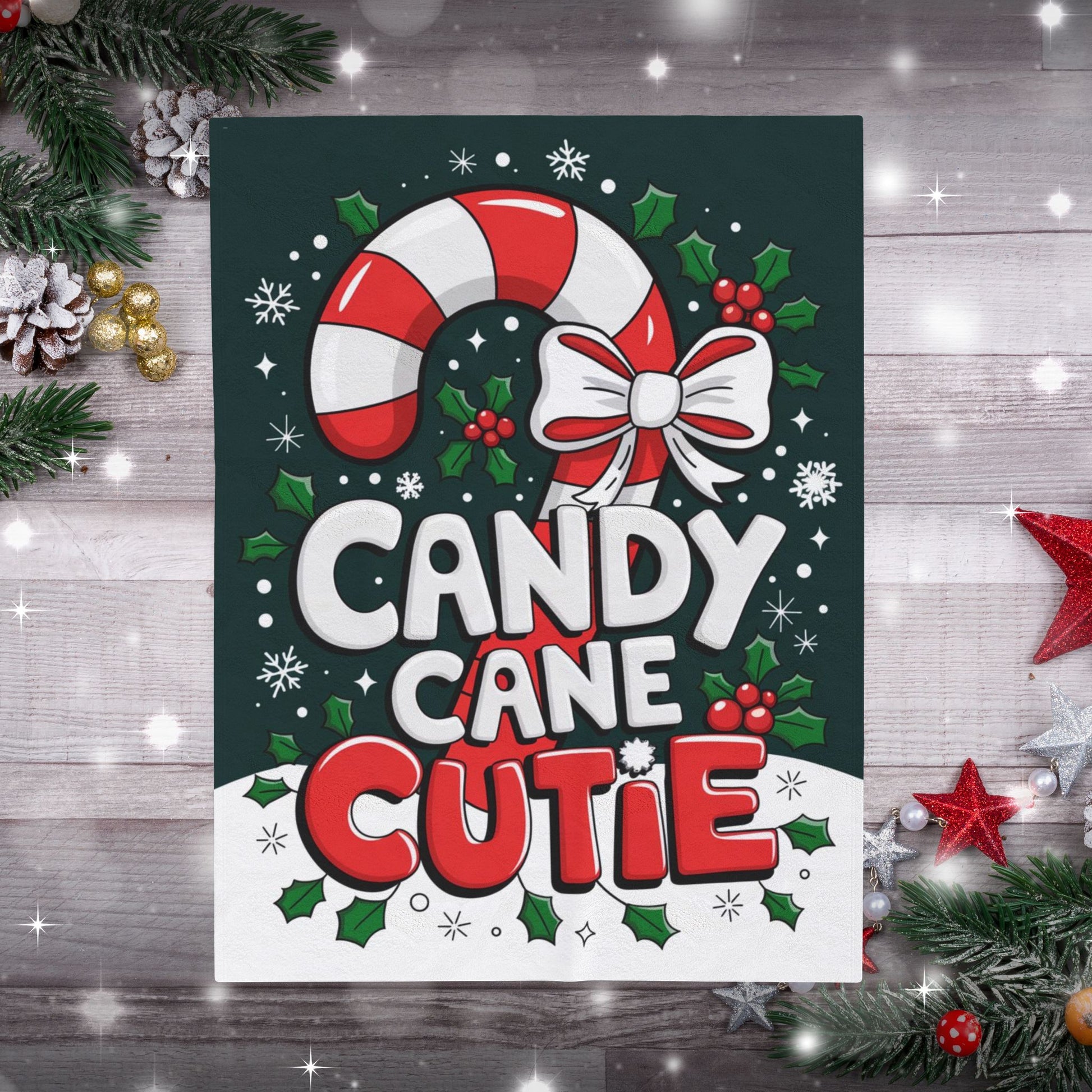 Cute Christmas blanket “Candy Cane Cutie” with fun holiday design, cozy festive throw for winter nights