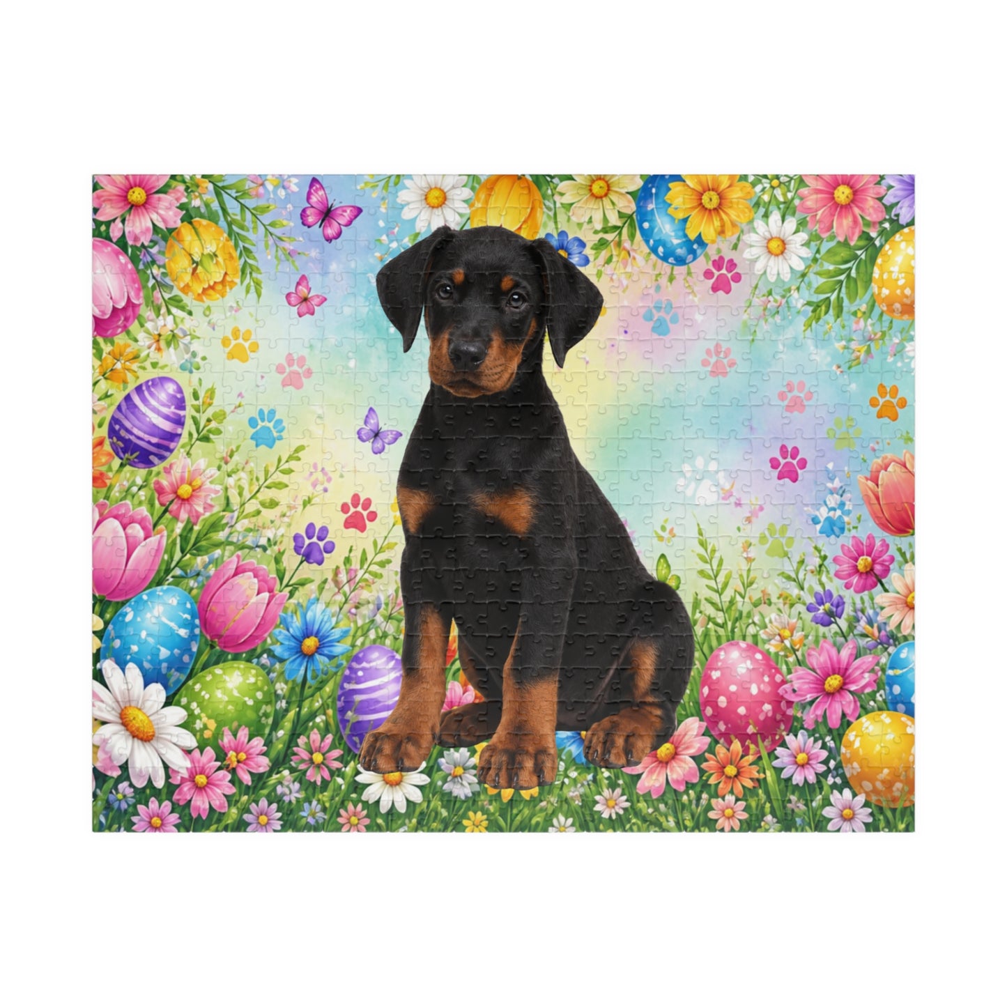 Doberman (Black & Rust) Easter Puppy Puzzle - Spring Garden with Eggs, Tulips, and Daisies