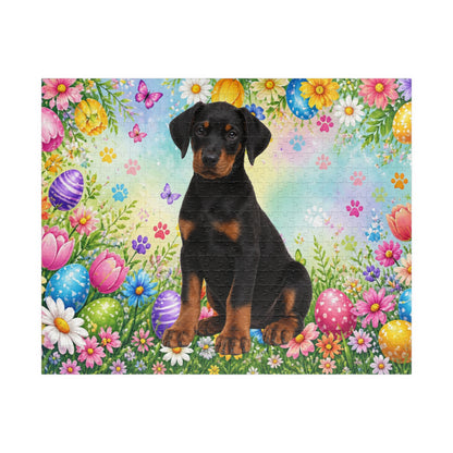 Doberman (Black & Rust) Easter Puppy Puzzle - Spring Garden with Eggs, Tulips, and Daisies