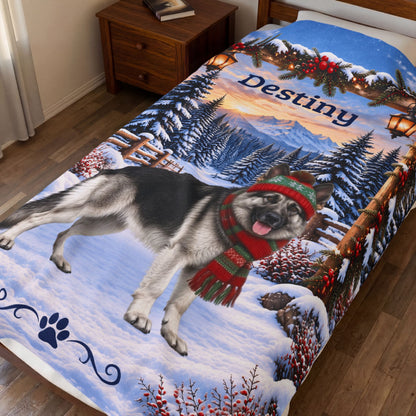 German Shepherd (Black & Silver Coat) - Personalized Winter Velveteen Throw, Custom Name Blanket - MySisterIsAsurvor