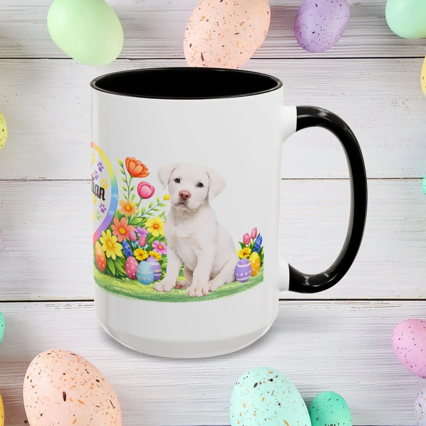 Shop our rottweiler white puppy easter mug featuring the 15oz style option from MySisterIsASurvivor.