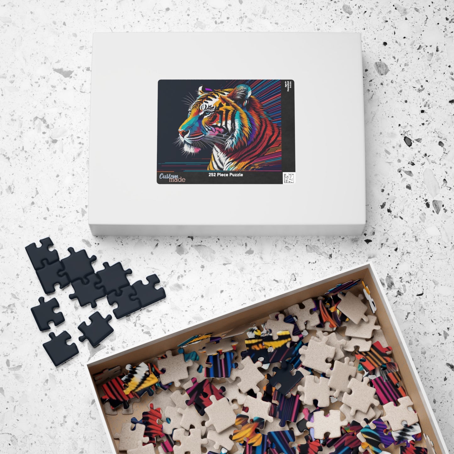 Bold Strides - Neon Tiger Side Profile Jigsaw Puzzle with Electric Multicolor Brushstroke Art
