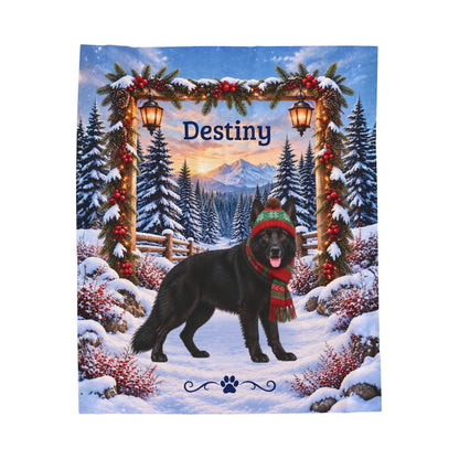 German Shepherd (Black Coat) - Personalized Winter Woodland Blanket, Custom Name Velveteen Throw - MySisterIsAsurvor