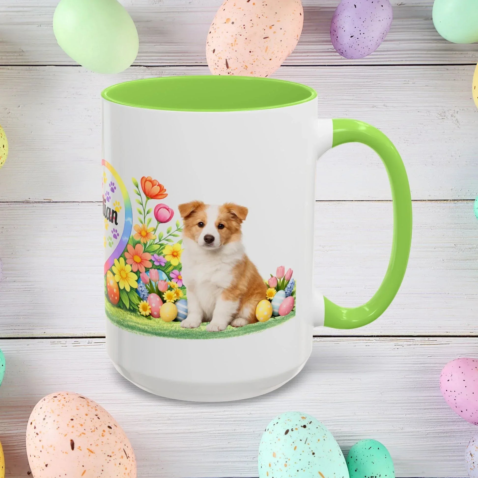 Shop our border collie gold puppy easter mug featuring the 15oz style option from MySisterIsASurvivor.