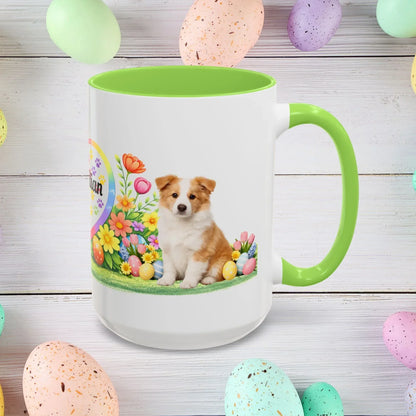 Shop our border collie gold puppy easter mug featuring the 15oz style option from MySisterIsASurvivor.
