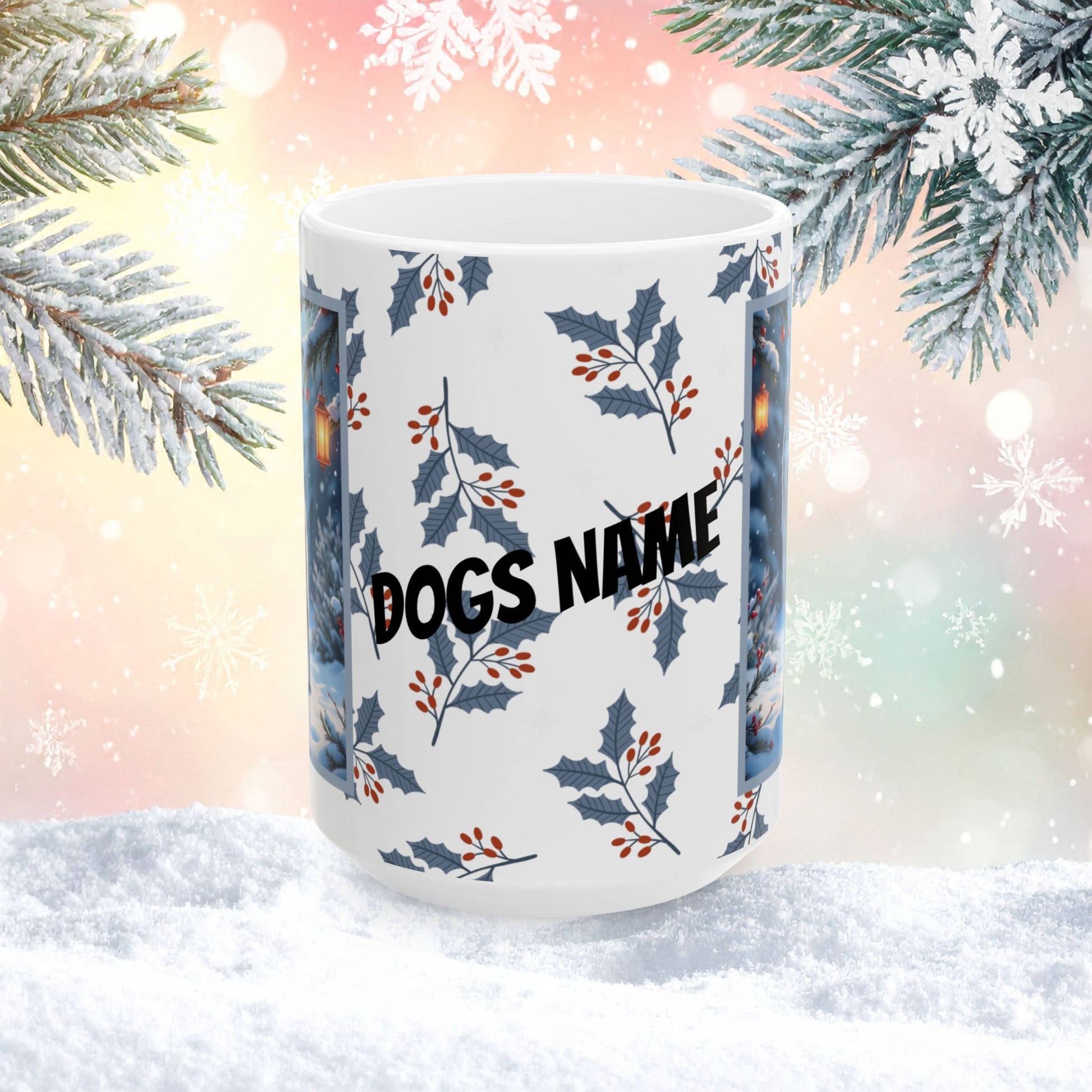 Husky (Silver) Winter Mug - silver husky artwork standing in a bright winter setting with soft snow details