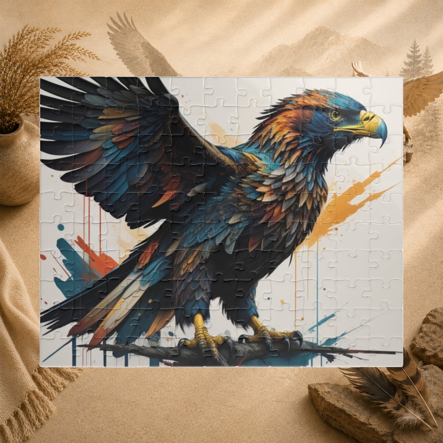 Soaring Eagle Triumph - Full-Body Graffiti Eagle Puzzle with Iridescent Teal Feathers and Paint Splatters